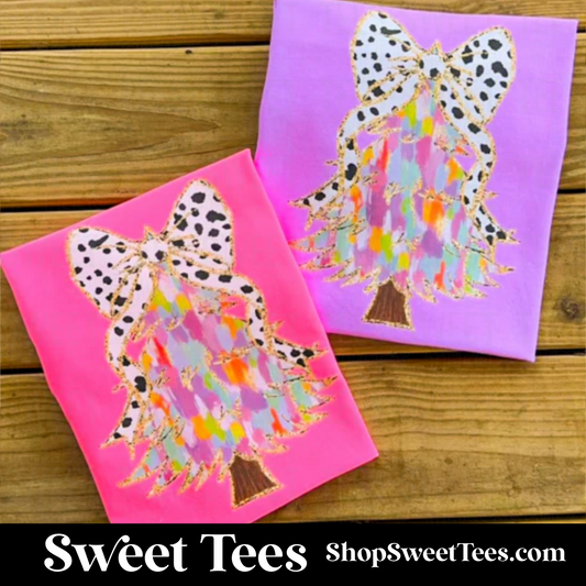 Colorful Painted Tree With Dotted Bow tee - Pink