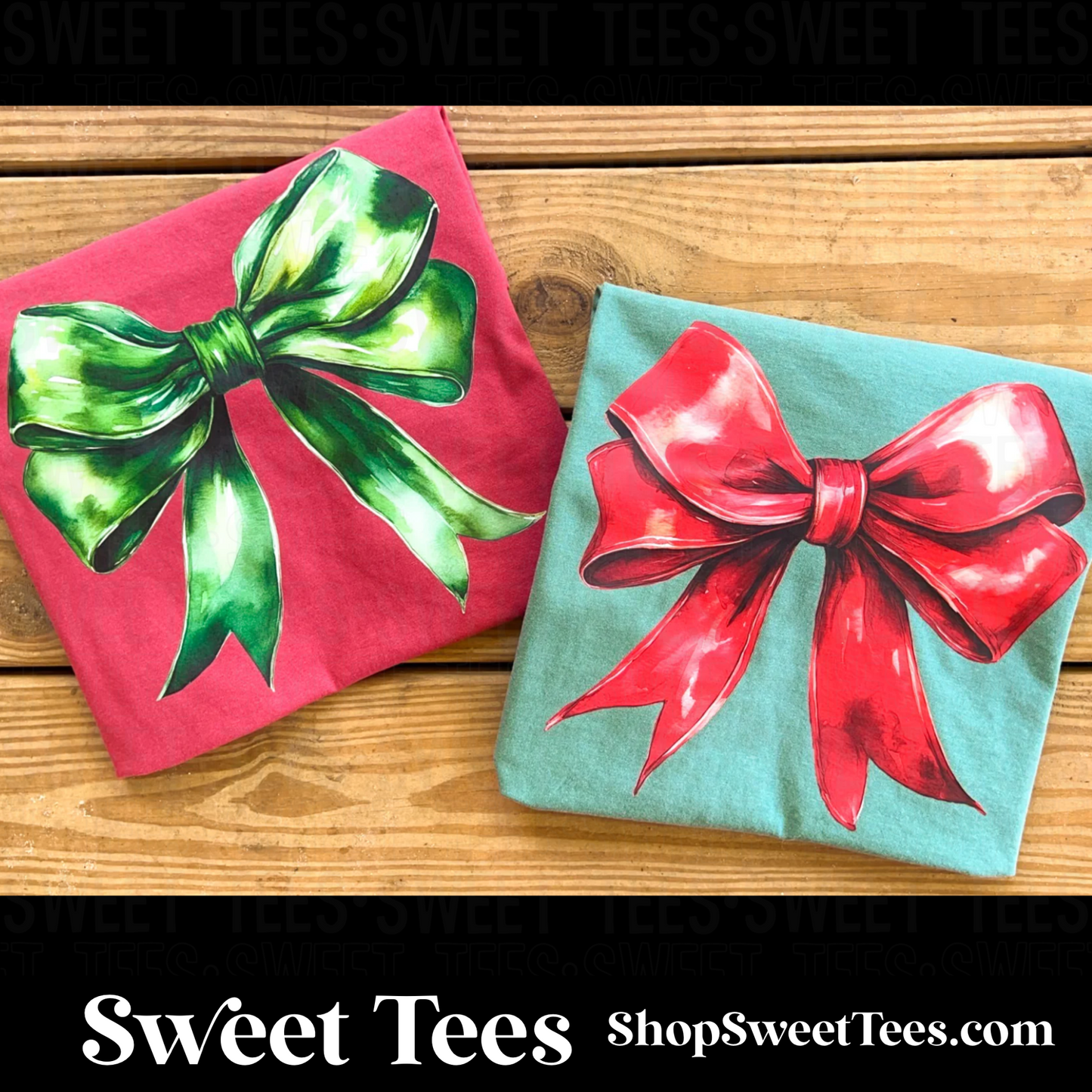 Red Christmas Bow tee - green