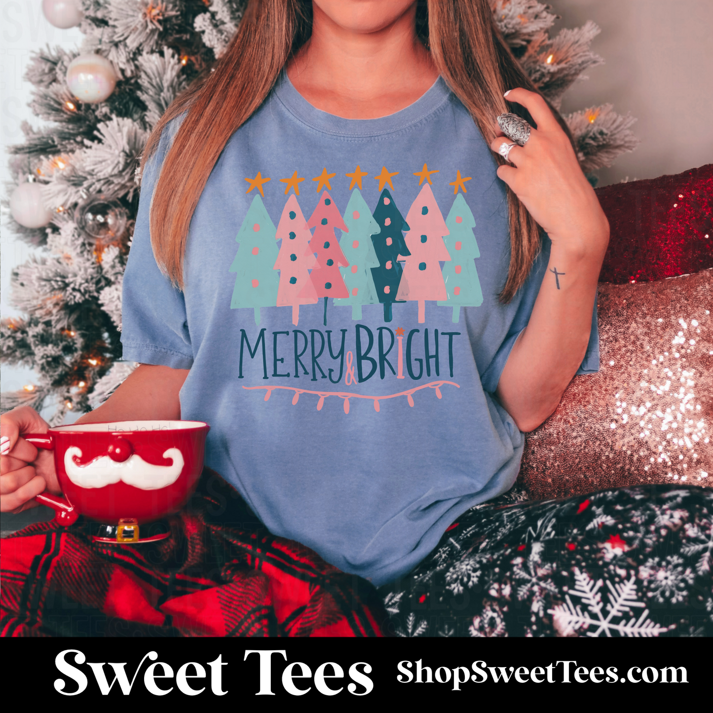 Merry and Bright Trees tee - blue