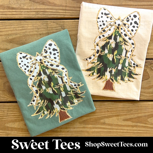 Painted Tree with Dotted Bow tee - Cream