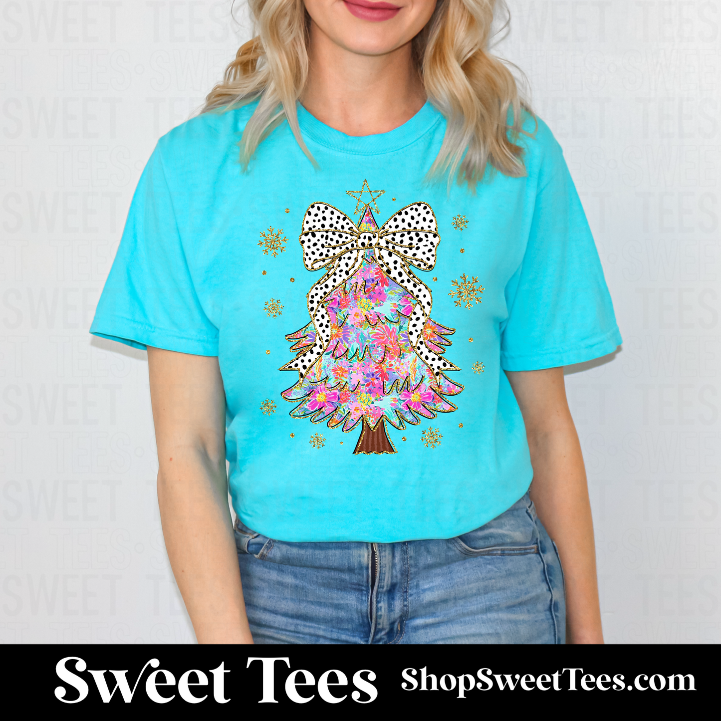 Colorful Painted Tree With Dotted Bow tee - Bright Blue