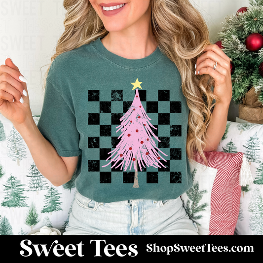 Pink Checker Tree tee