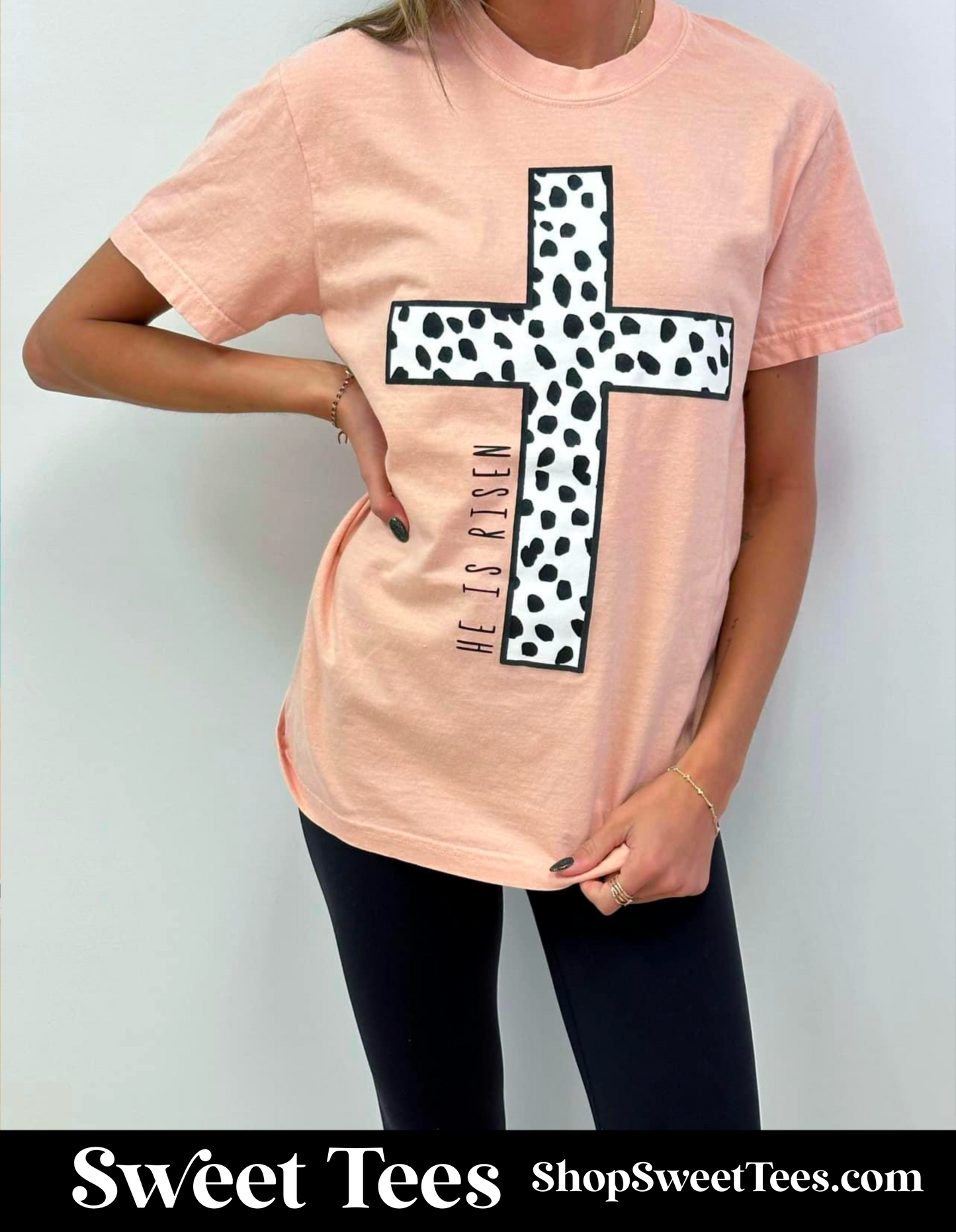 He Is Risen Dotted Cross - peach tee