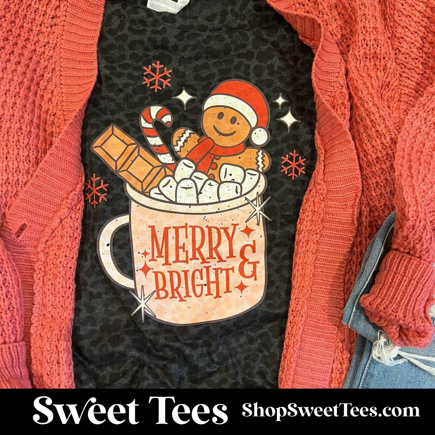 Merry and Bright Gingerbread tee - Black Leopard