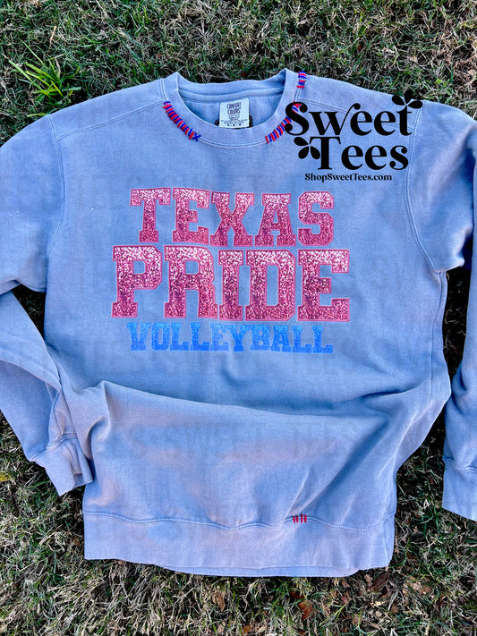 Texas Pride Volleyball Faux Sequin Hand Stitched Comfort Colors Sweatshirt - Preorder *Gray*