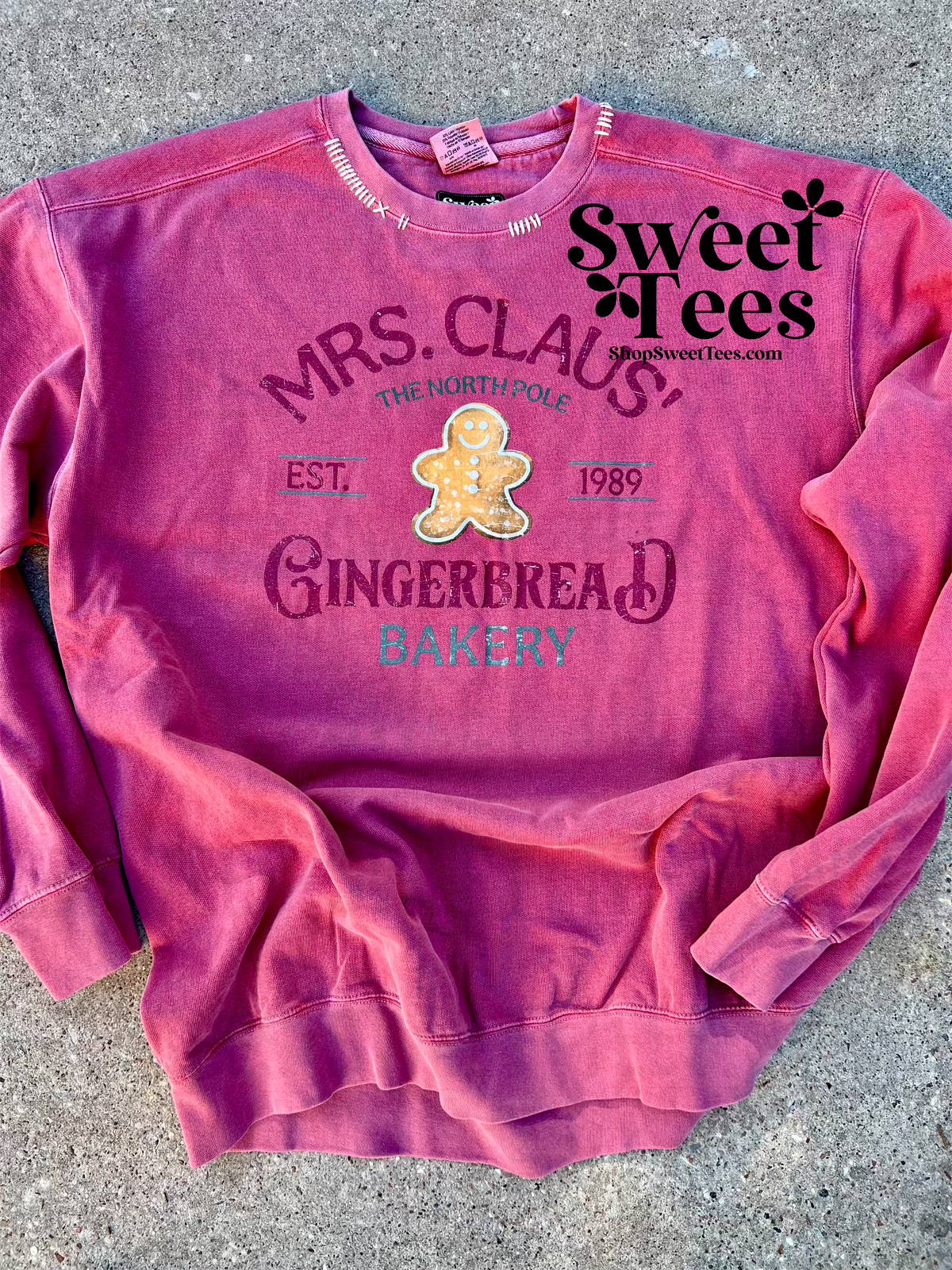 Mrs Claus Gingerbread Bakery Hand Stitched Comfort Colors Sweatshirt - Preorder