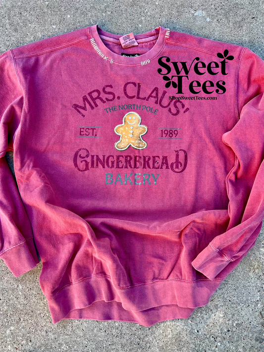 Mrs Claus Gingerbread Bakery Hand Stitched Comfort Colors Sweatshirt - Preorder