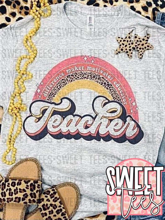 Retro Teacher Rainbow tee